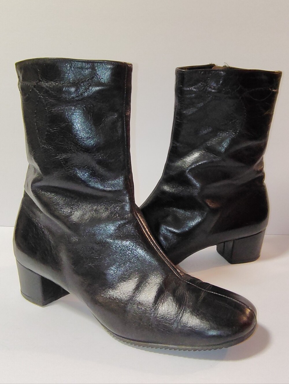 Florsheim Women's Vintage Black Leather Mid Calf Zip Block Heel Boots 70's Look